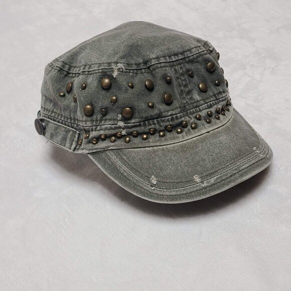 Distressed Studded Military Style Cap Women's One Size Green Hat - Picture 2 of 11